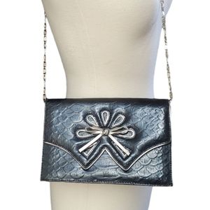 Milanos Shoulder Bag Purse Black Faux Leather Bow Detail Removable Chain Strap